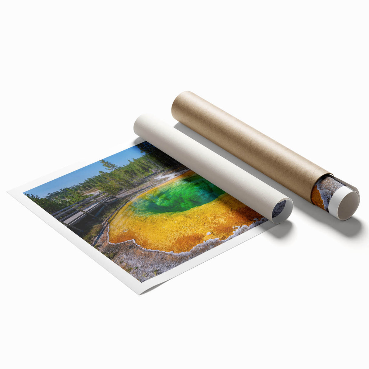 Colorful geyser-themed wall art print showcasing vibrant blues and whites, rolled and ready for display, perfect for enhancing modern home decor aesthetics.