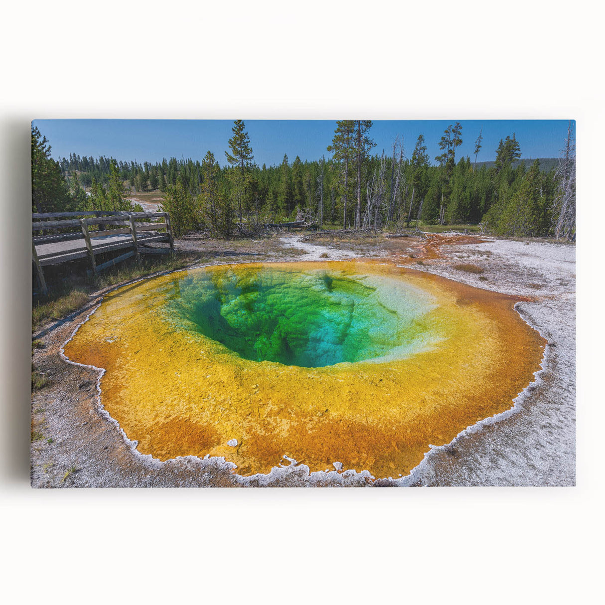 Vibrant stretched canvas art showcasing a stunning geyser landscape design, featuring dynamic colors and intricate details, perfect for home decor enhancement.