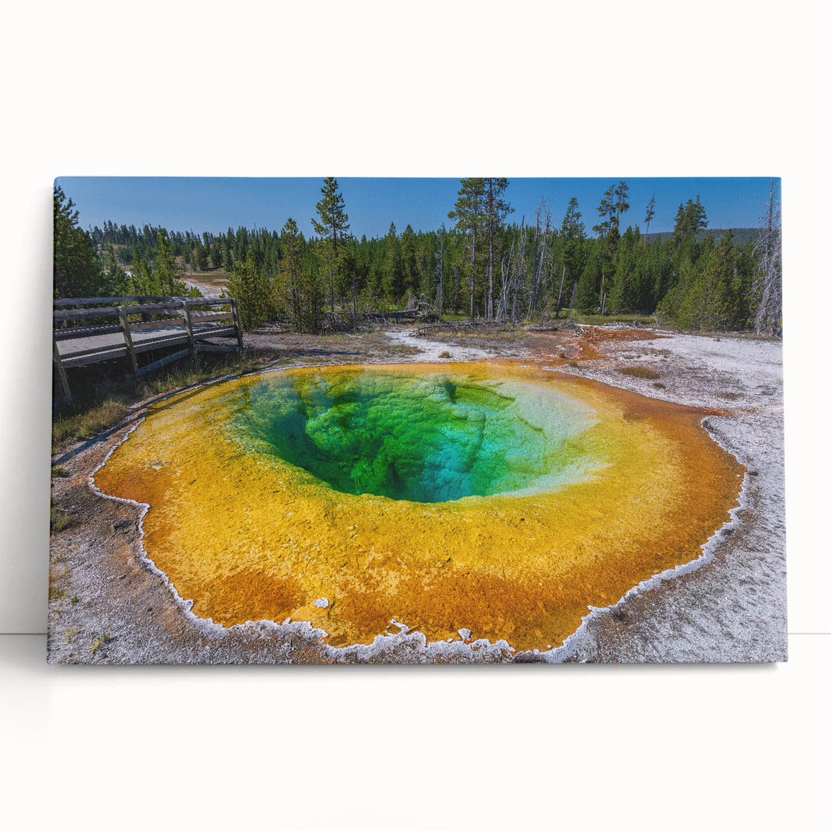 Stretched canvas wall art showcasing a vibrant geyser landscape design, featuring rich colors and intricate details, ideal for home decor enhancement.