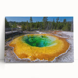 Stretched canvas wall art showcasing a vibrant geyser landscape design, featuring rich colors and intricate details, ideal for home decor enhancement.