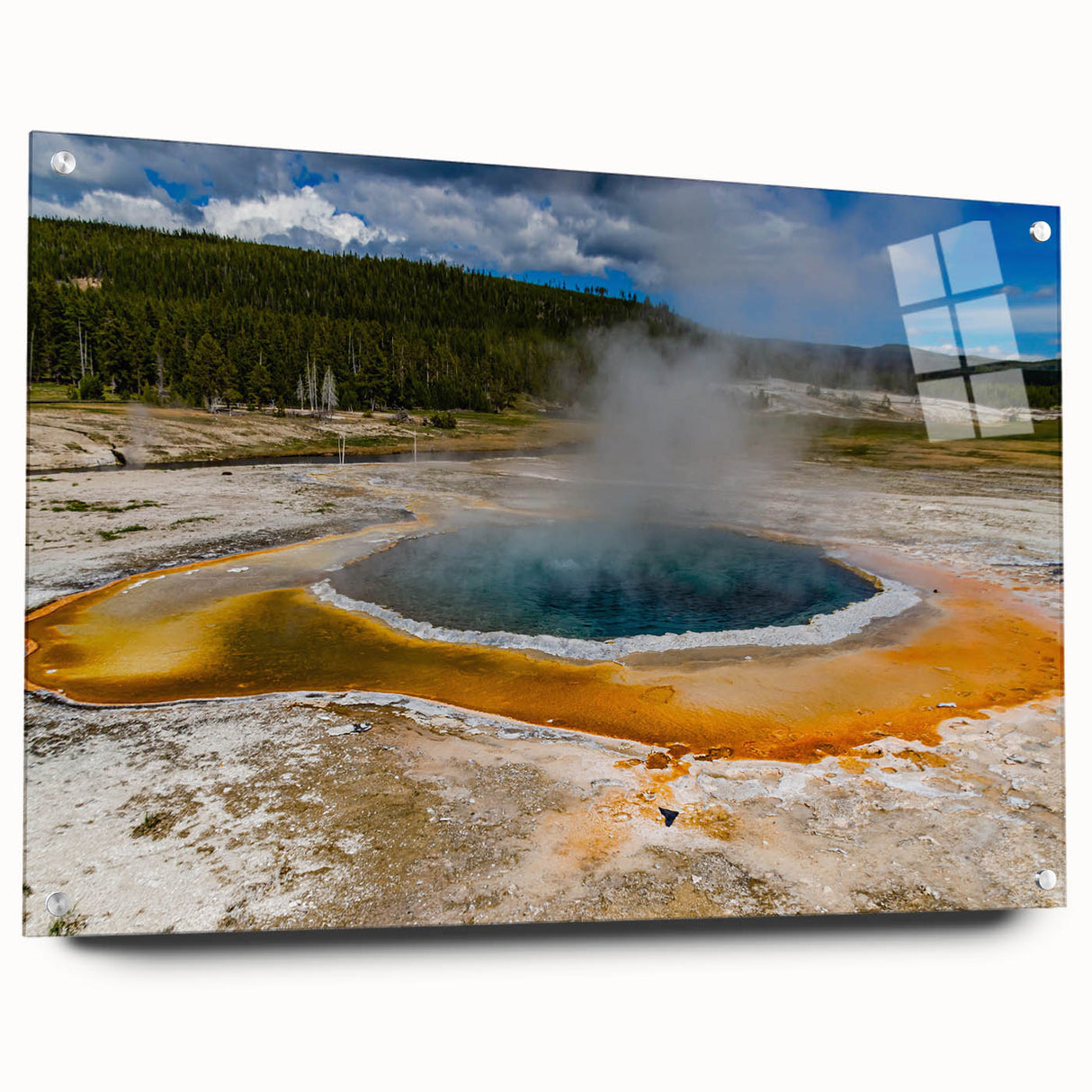 Acrylic glass wall art featuring a vibrant geyser landscape design, showcasing vivid colors and intricate details, mounted with pins for easy display.