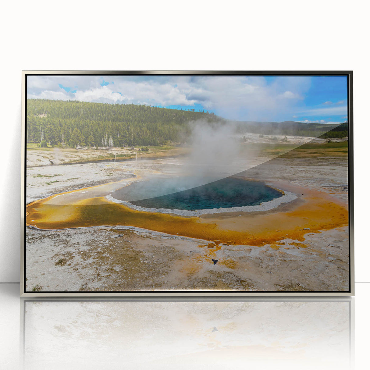 Framed acrylic wall art featuring a vibrant geyser landscape design in silver, showcasing dynamic colors and intricate details, perfect for contemporary home decor.