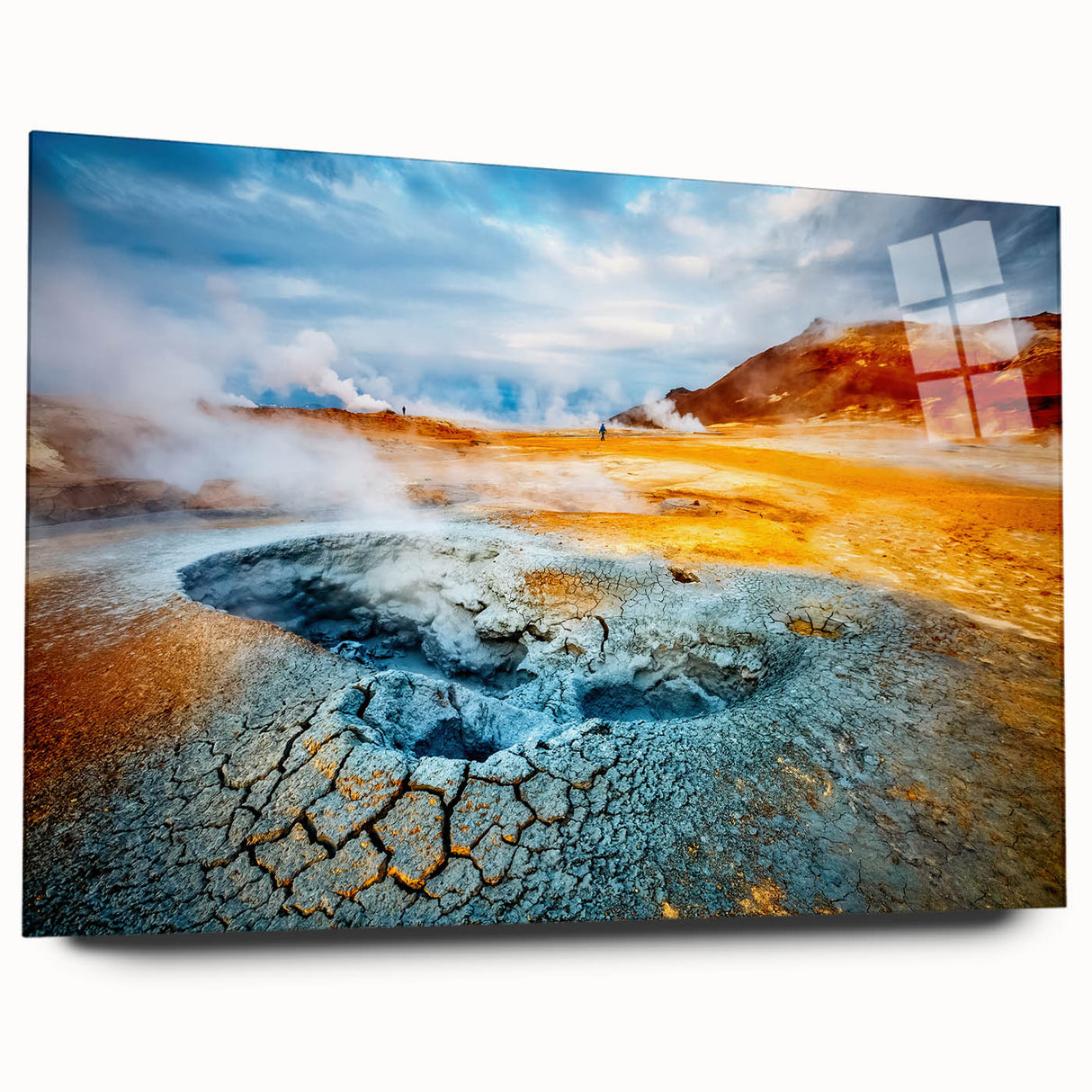 Side view of a geyser-themed wall art piece from the Landscapes Collection, featuring vibrant colors and modern acrylic glass finish, ideal for contemporary decor.