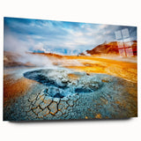 Side view of a geyser-themed wall art piece from the Landscapes Collection, featuring vibrant colors and modern acrylic glass finish, ideal for contemporary decor.