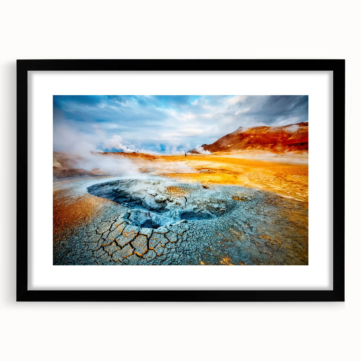 Framed wall art featuring a stunning geyser landscape design in a black mat and frame, ideal for modern home decor, adding a touch of elegance and nature.