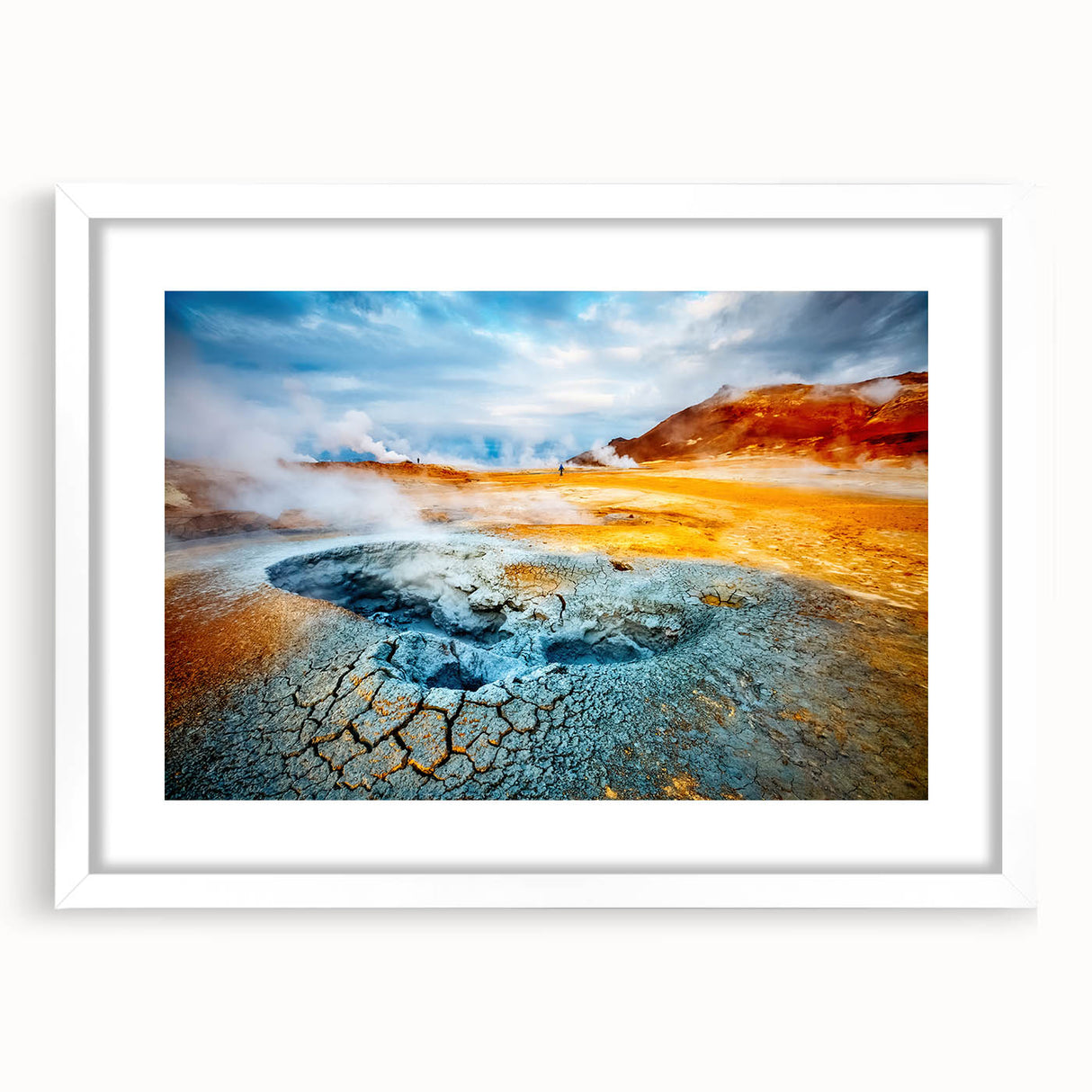 Framed geyser design wall art collection in a sleek white frame with a mat, showcasing vibrant colors and intricate details, perfect for modern home decor.