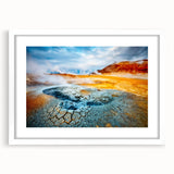 Framed geyser design wall art collection in a sleek white frame with a mat, showcasing vibrant colors and intricate details, perfect for modern home decor.