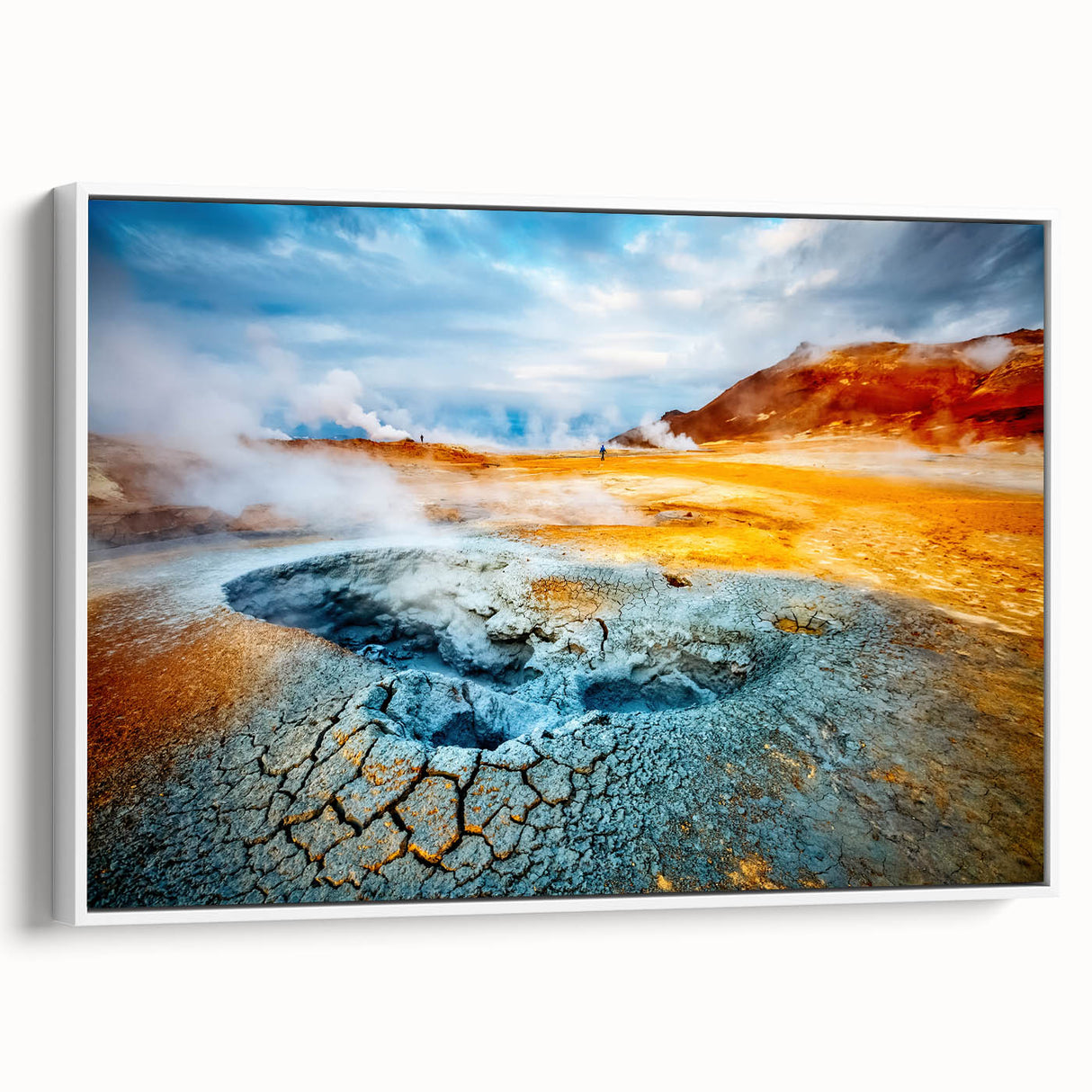 Framed canvas wall art featuring a vibrant geyser landscape design, elegantly displayed with a white border, ideal for enhancing modern home decor.