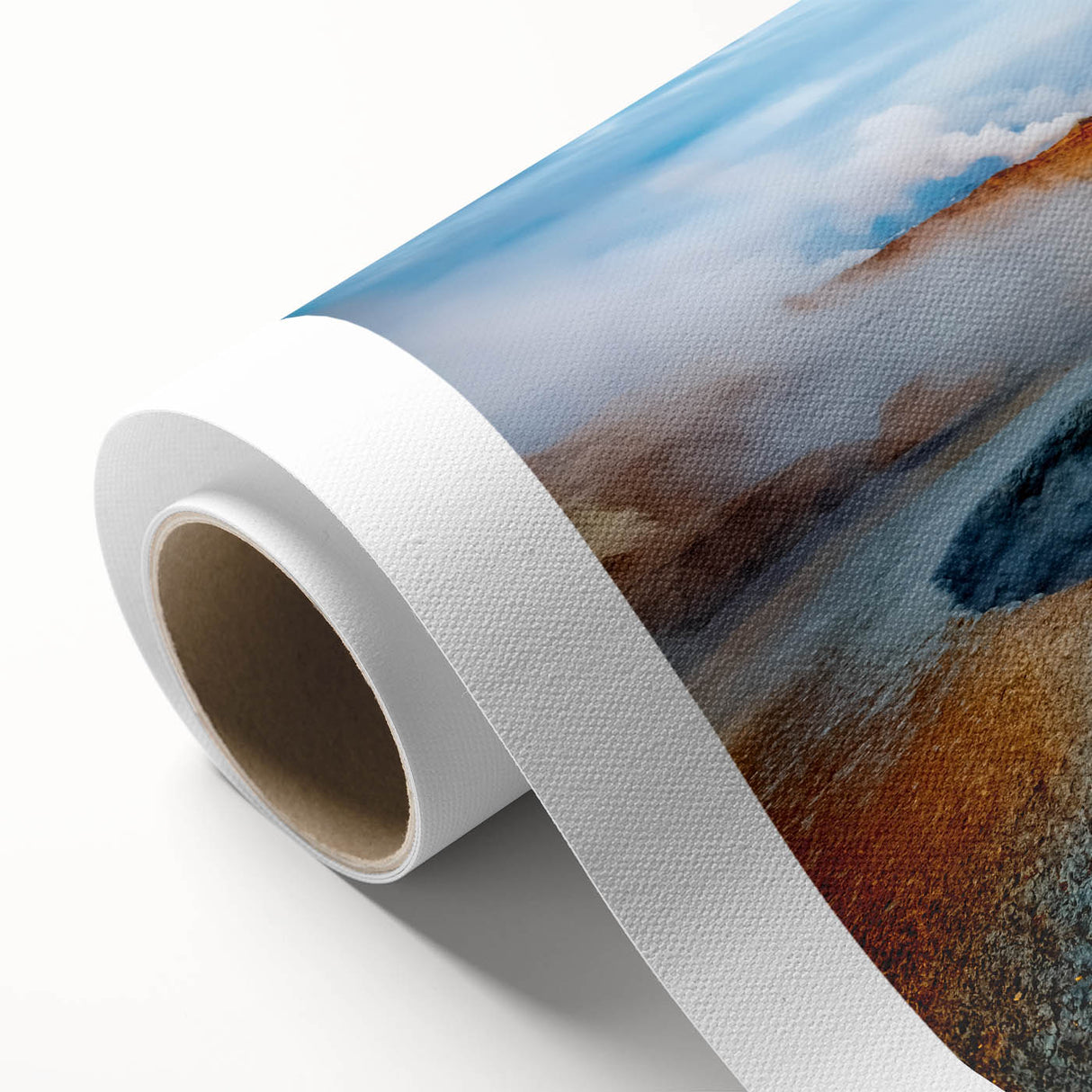 Rolled canvas art featuring a vibrant geyser landscape design, showcasing rich colors and intricate details, ideal for modern home decor. Packaged safely in a sturdy tube for delivery.