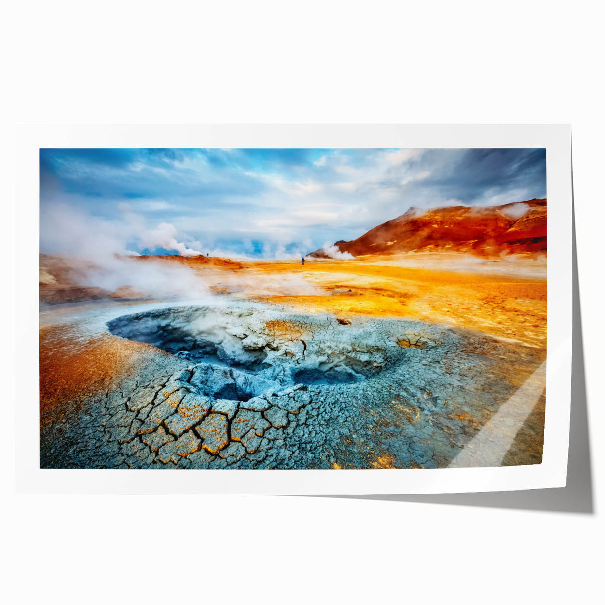 Colorful rolled print showcasing a vibrant geyser landscape design, ideal for home decor. The artwork features bold colors and intricate details, perfect for adding a dynamic touch to any interior space.