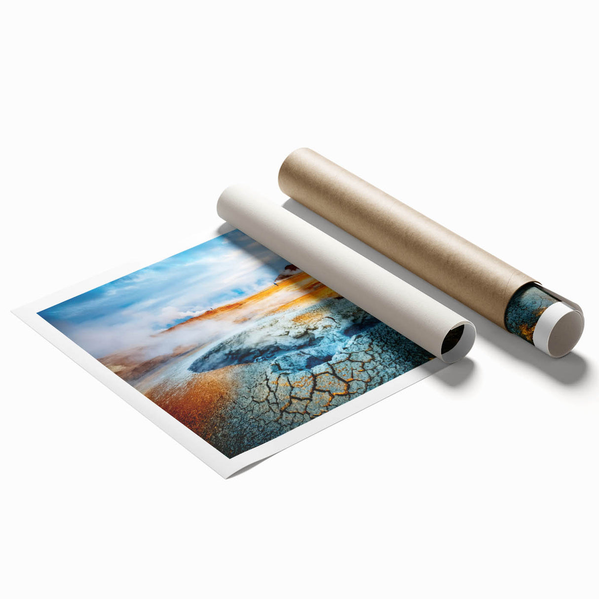 Vibrant rolled print of a geyser landscape artwork, showcasing dynamic colors and intricate details, perfect for home decor or art collection.
