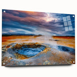 Side view of a vibrant acrylic glass wall art piece from the Geyser Design 18 collection, showcasing a stunning landscape, beautifully mounted with pins for display.