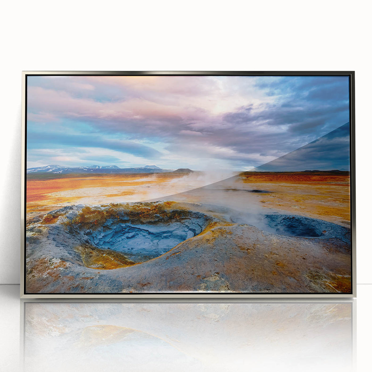 Framed acrylic wall art featuring a captivating geyser landscape design in silver tones, showcasing vibrant colors and intricate details for an elegant home decor accent.