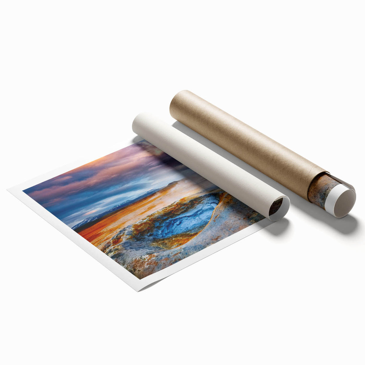 Vibrant geyser-themed wall art collection print showcasing striking colors and intricate details, rolled for easy display and shipping, perfect for home decor enthusiasts.