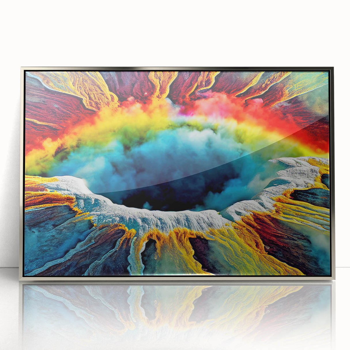 Framed wall art featuring a stunning geyser landscape design with vibrant colors and sleek silver accents, perfect for modern home decor or office spaces.