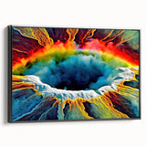 Framed canvas wall art showcasing a vibrant geyser design with a black border, ideal for modern home decor, enhancing living spaces with color and style.