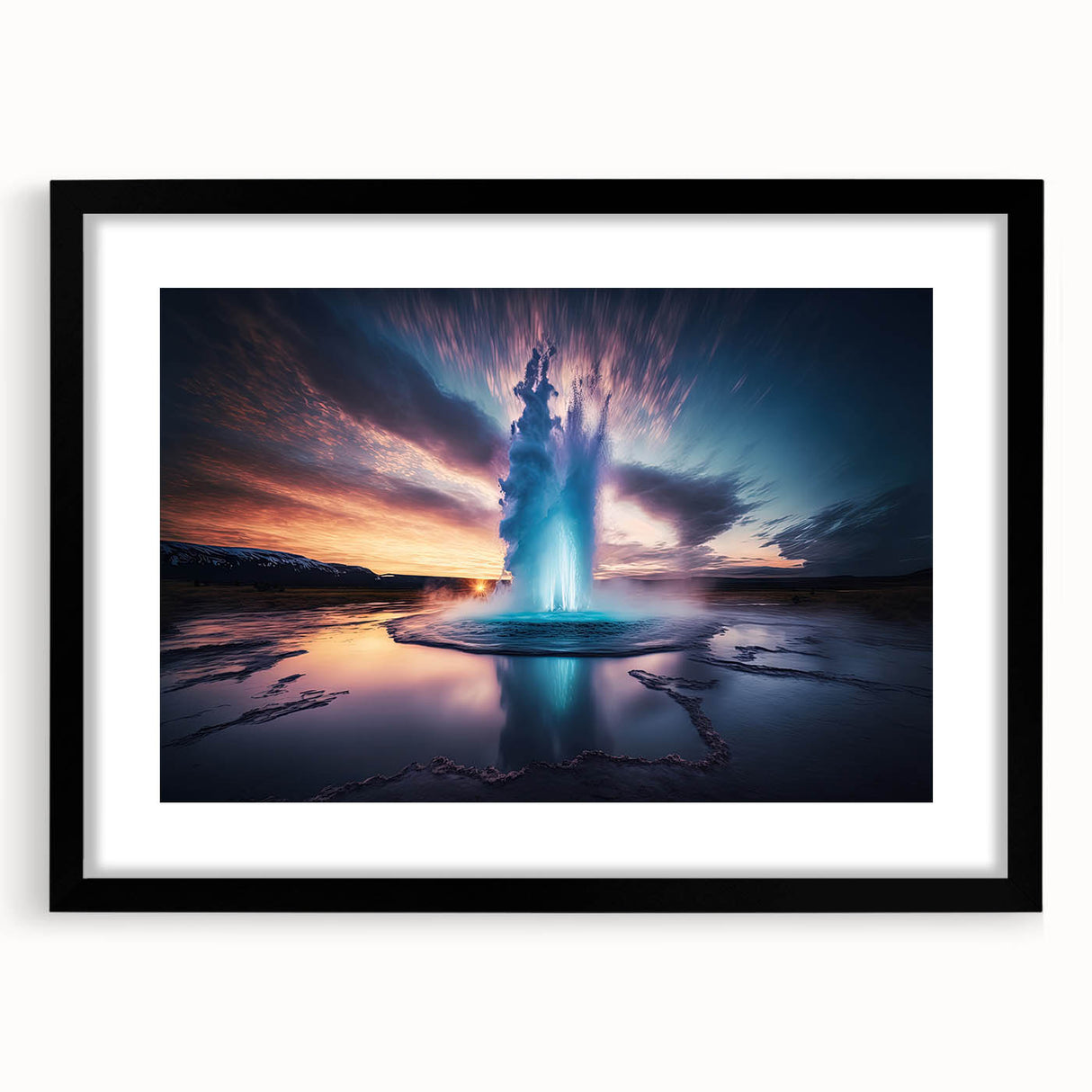 Framed wall art featuring a geyser landscape design in vibrant colors, set against a black mat for a modern aesthetic. Ideal for enhancing contemporary home decor.