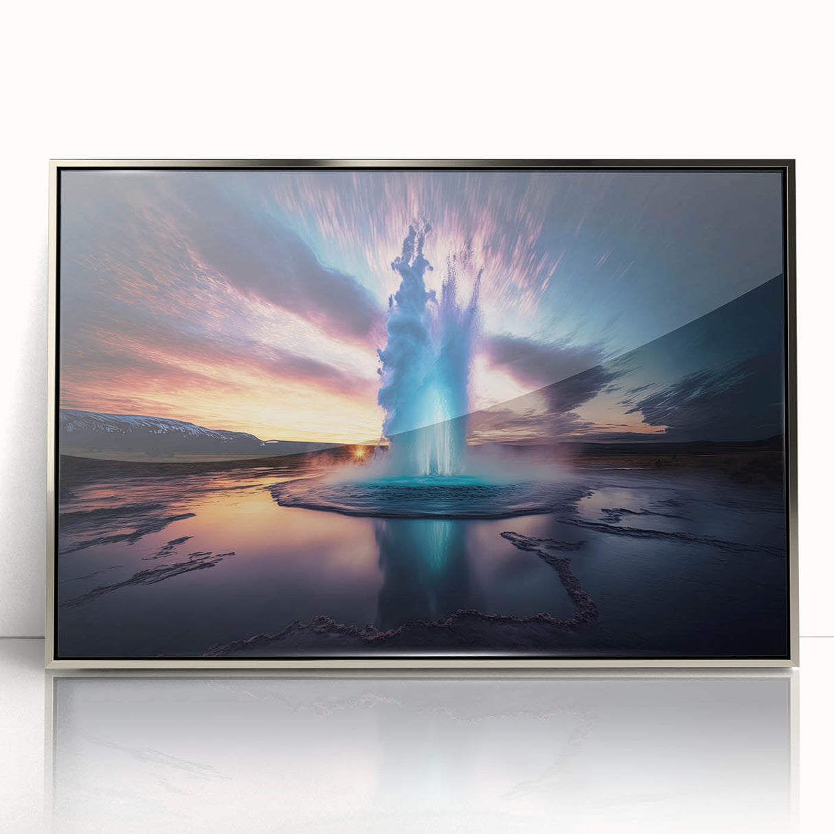 Framed wall art showcasing a stunning geyser landscape design in silver acrylic, perfect for modern home decor. This piece adds elegance to any room with its vibrant colors and artistic detail.