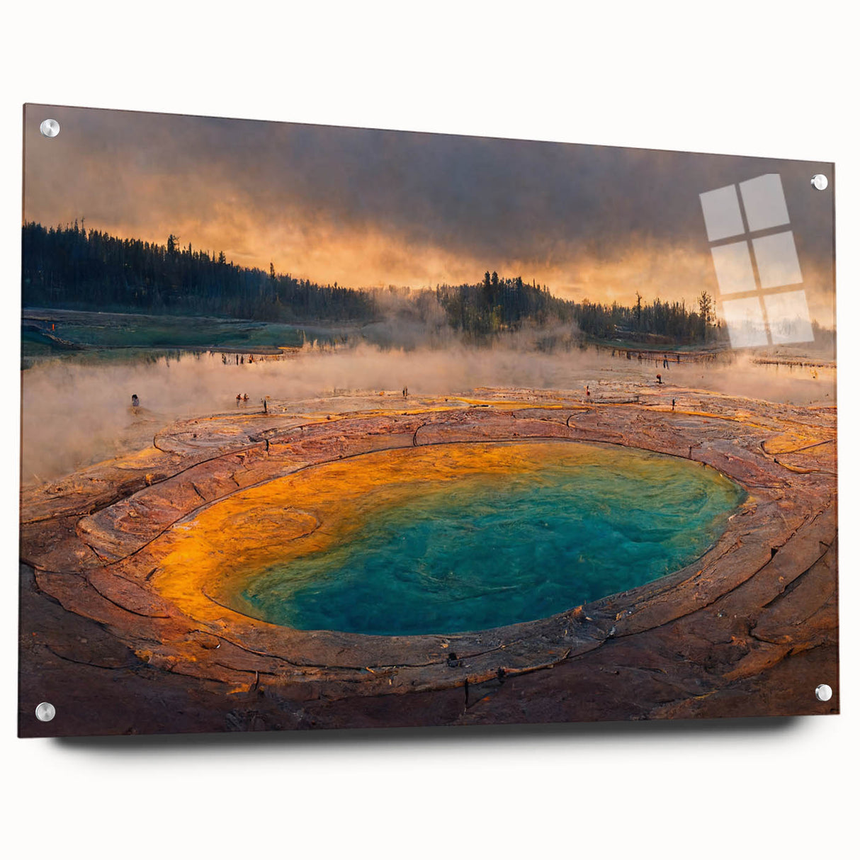 Acrylic wall art piece showcasing a vibrant geyser landscape design, displayed from a side view with visible pins. Perfect for adding a modern touch to home decor.