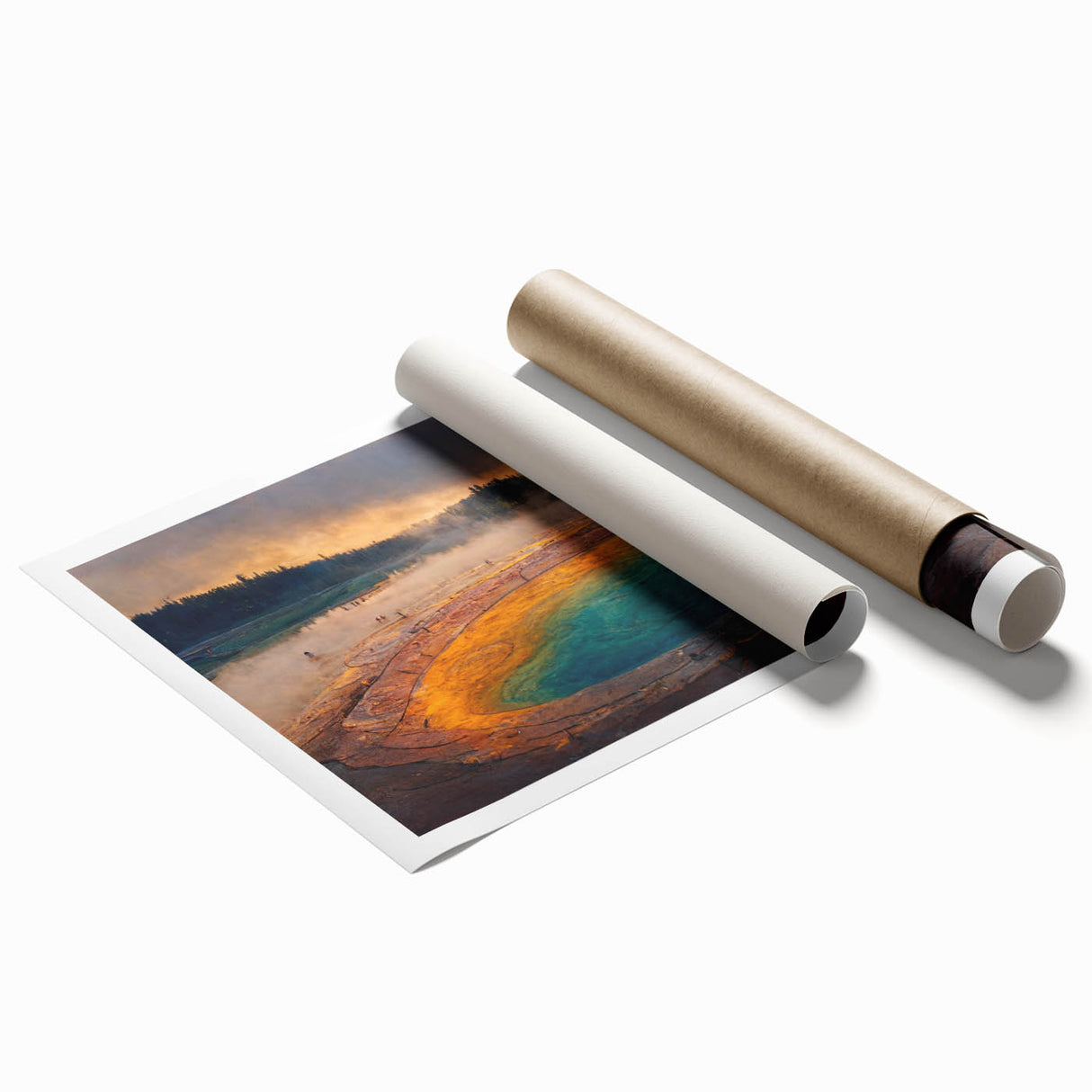 Vibrant rolled print showcasing a geyser landscape design featuring rich colors and intricate details, ideal for home decor or art collection. Packaged securely for delivery.
