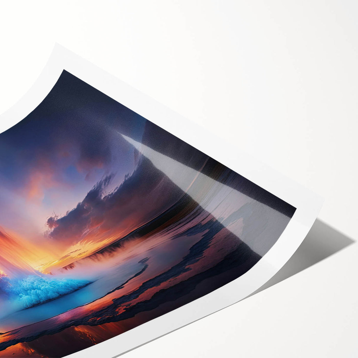 Vibrant rolled print showcasing a geyser landscape design, featuring rich colors and intricate details, ideal for home decor or art enthusiasts. Packaged in a protective cardboard tube.