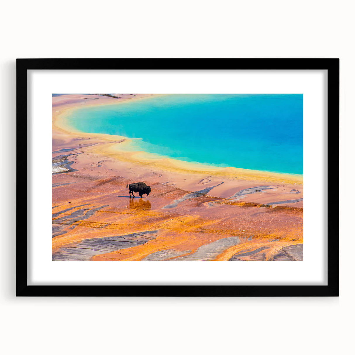 Geyser design wall art collection featuring a sleek black frame and mat, showcasing vibrant landscapes with intricate details, perfect for modern home decor.