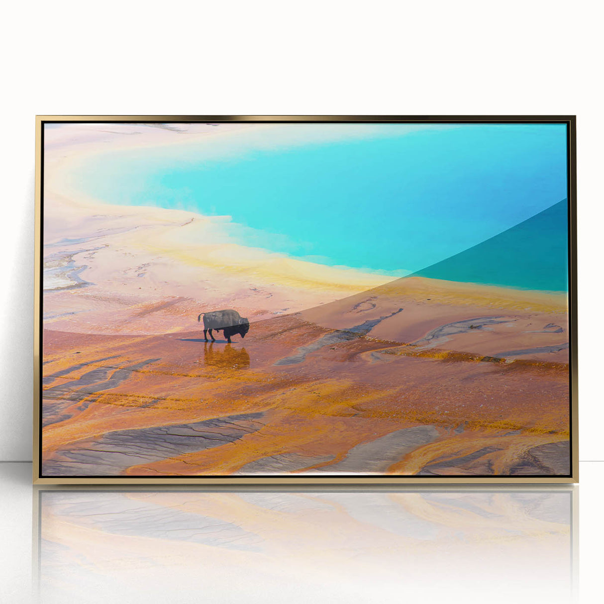 Framed wall art collection featuring a stunning geyser landscape design with gold accents, perfect for enhancing modern decor in any room setting.