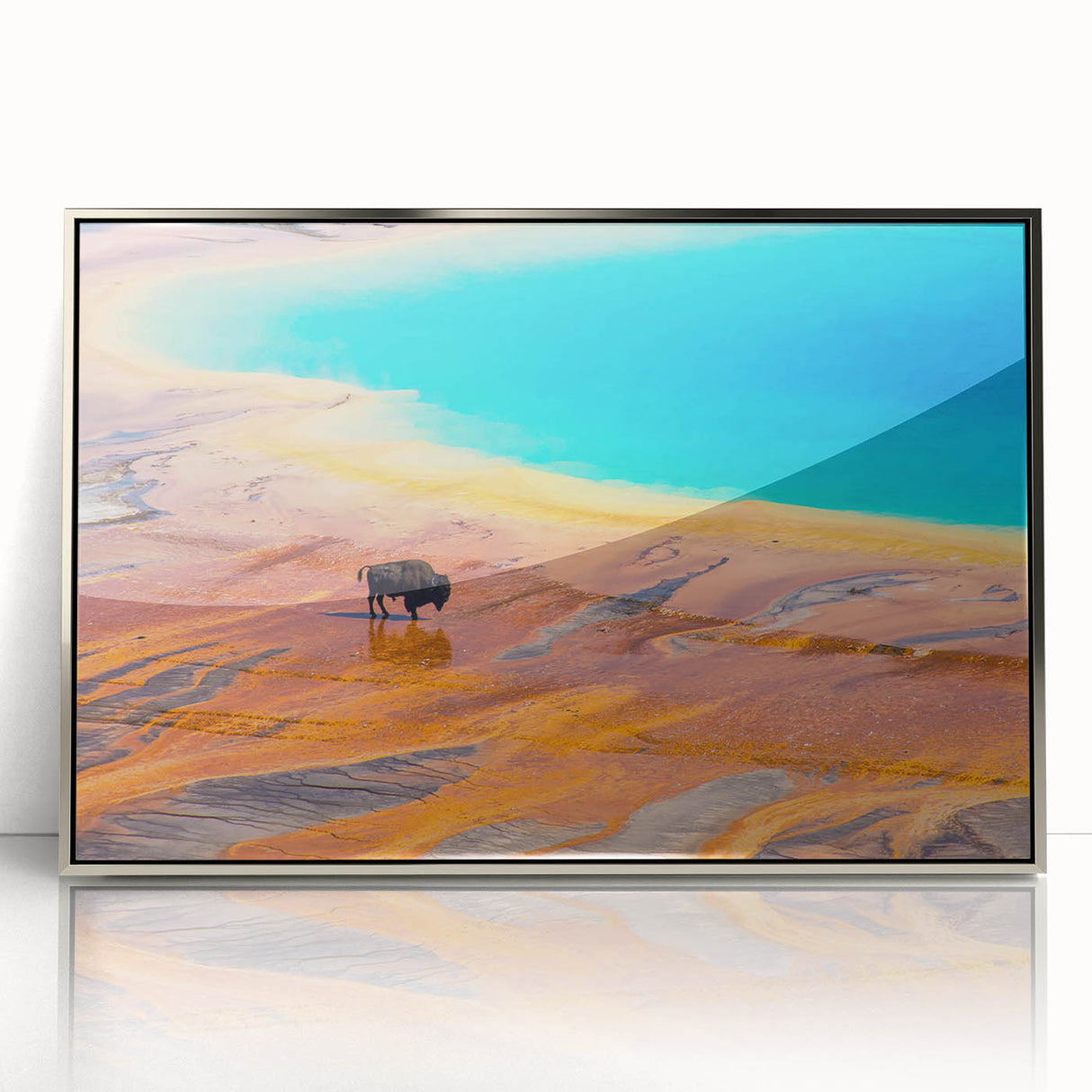 Framed wall art collection featuring a modern geyser landscape design with vibrant colors, displayed in a sleek silver frame, ideal for contemporary decor.