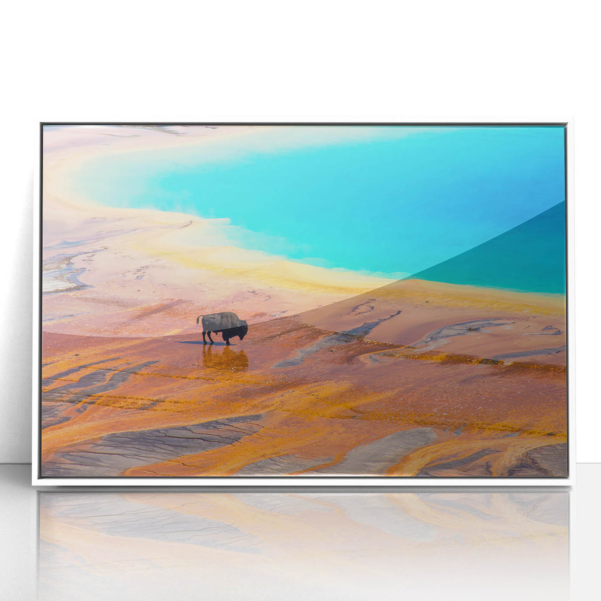 Framed acrylic wall art collection showcasing a vibrant geyser landscape design, featuring bold colors and intricate details, perfect for modern home decor.