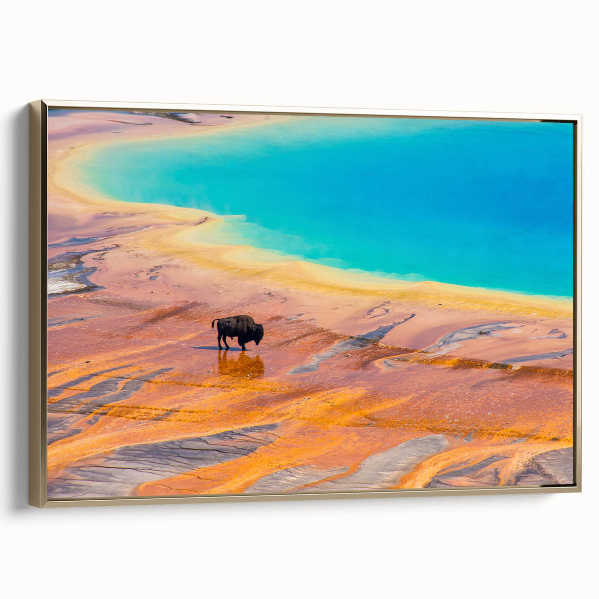 Framed wall art collection featuring a geyser landscape design in gold tones, showcasing intricate details and a modern aesthetic, perfect for home decor enthusiasts.