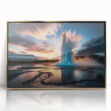 Framed acrylic wall art featuring a stunning geyser landscape design in vibrant colors, elegantly encased in a gold frame, perfect for modern home decor.