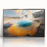 Framed acrylic wall art featuring a stunning geyser landscape design in silver tones, ideal for modern home decor, adding elegance and tranquility to any space.