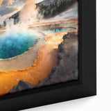 Framed canvas wall art showcasing a colorful geyser landscape design, emphasizing vibrant colors and intricate details, ideal for home decor.
