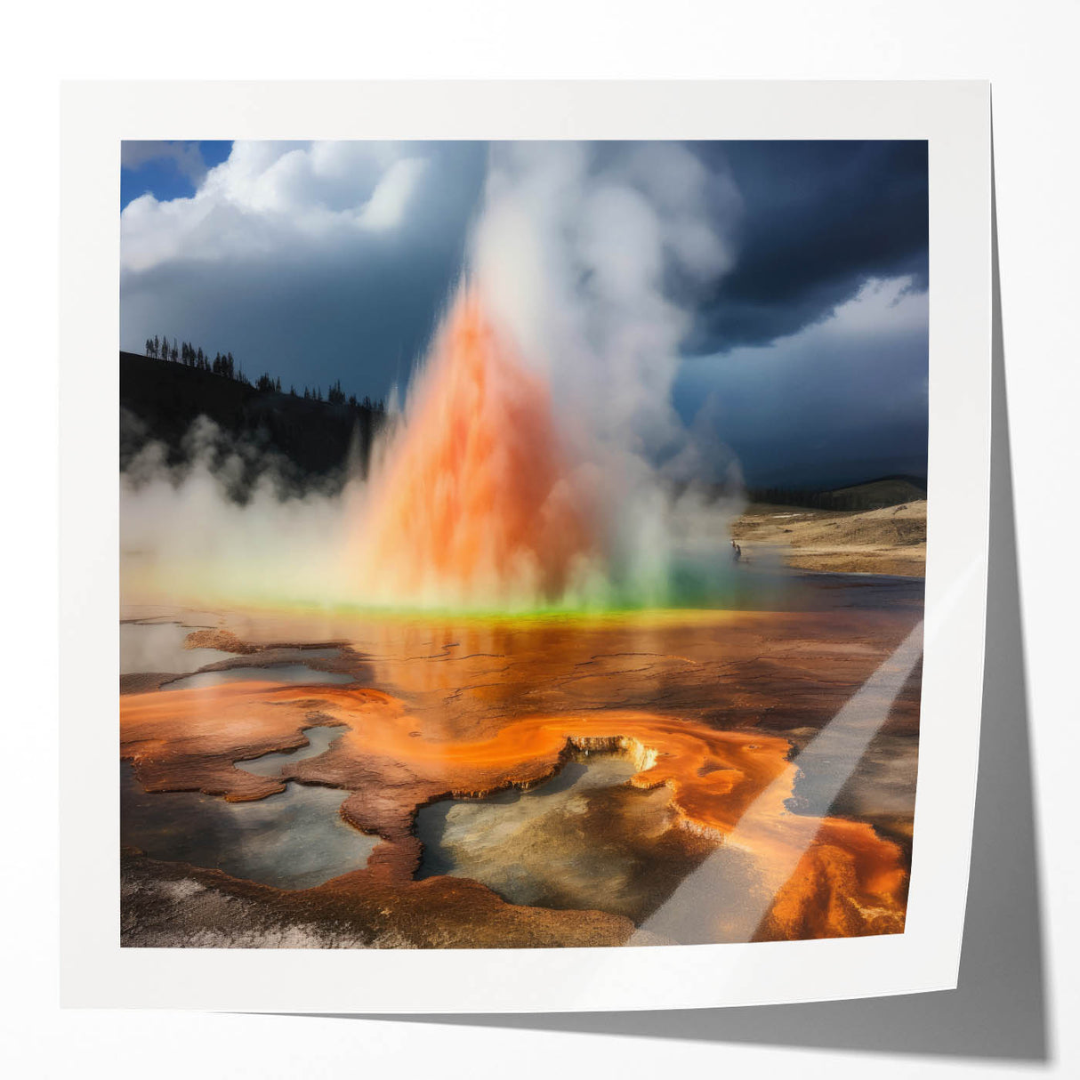 Vibrant wall art collection showcasing a geyser landscape design, printed on glossy paper, ideal for home decor and interior styling. Perfect for adding a touch of nature to any room.