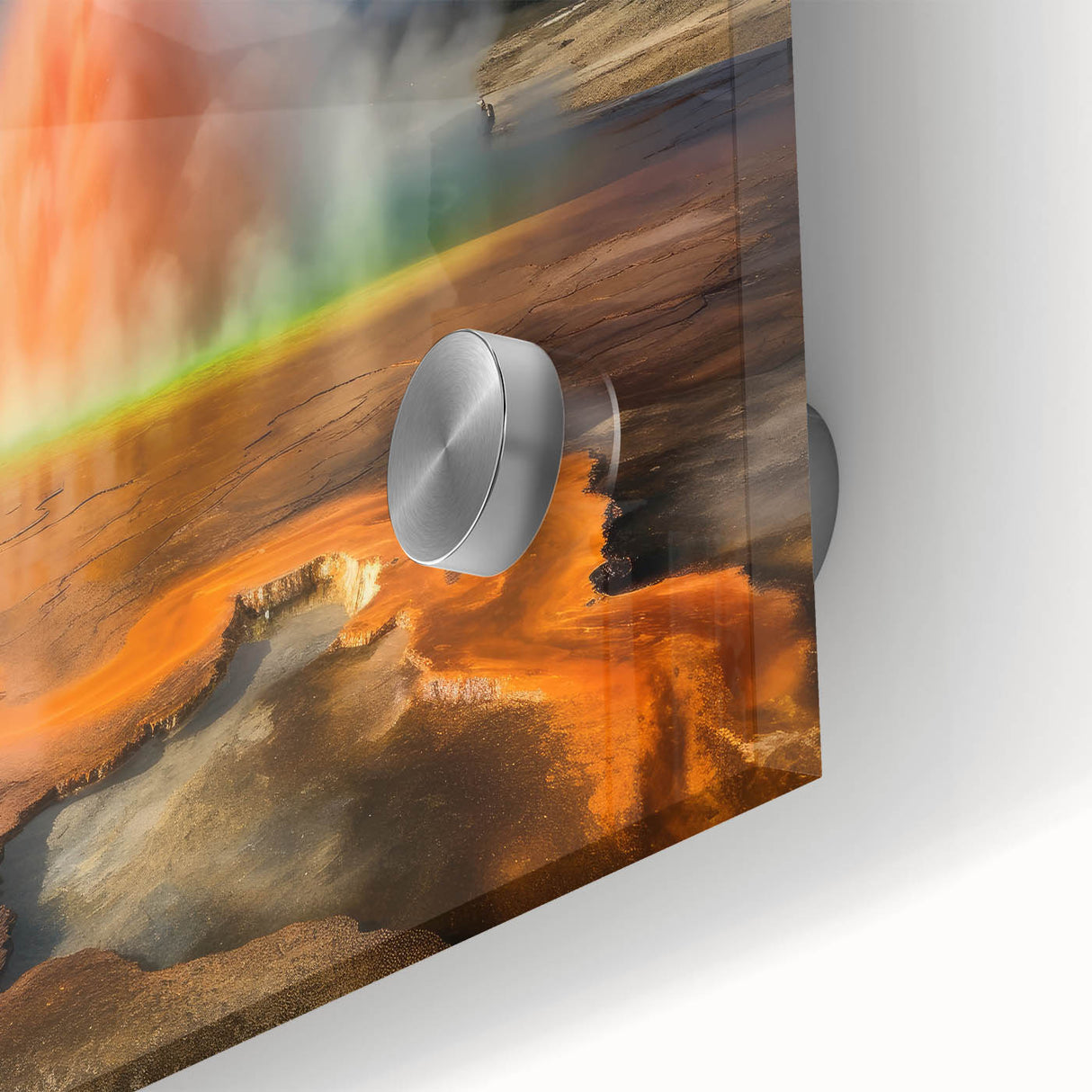 Close-up of a vibrant acrylic glass wall art piece showcasing a stunning geyser landscape, featuring rich colors and intricate details, ideal for modern home decor.