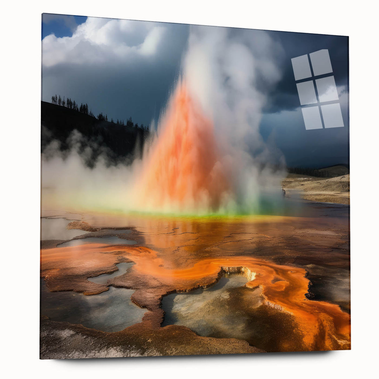 Acrylic glass wall art showcasing a vibrant geyser landscape design in a side view, perfect for modern home decor or office spaces, enhancing visual appeal.