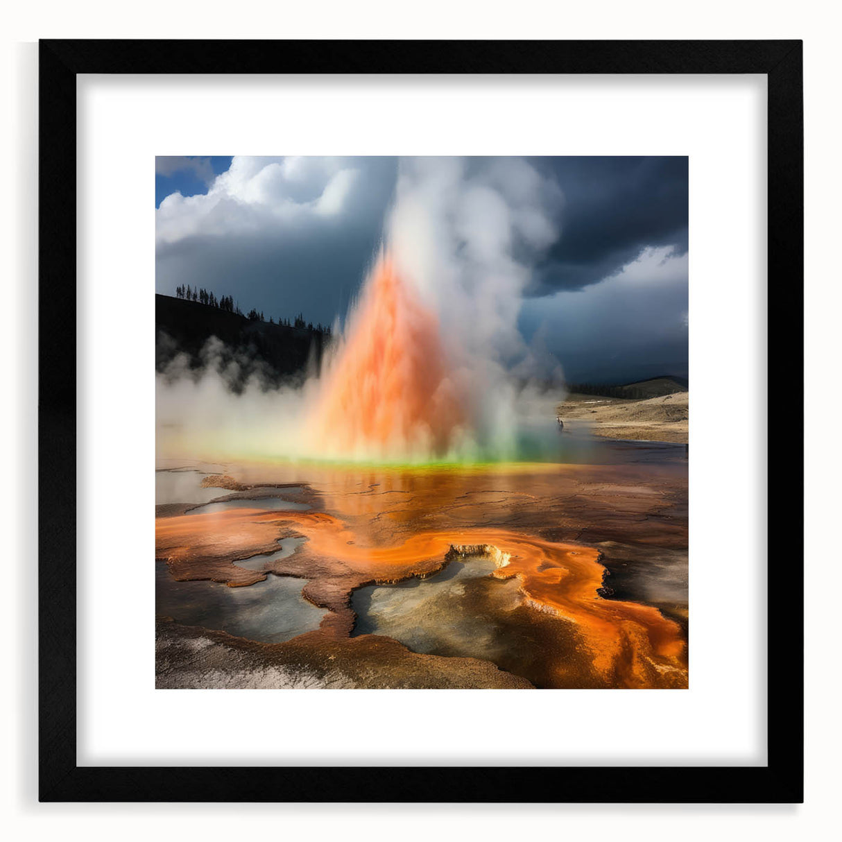 Framed wall art showcasing a stunning geyser landscape design, featuring a sleek black frame and mat, perfect for modern home decor enhancement.