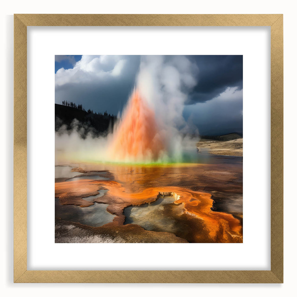 Framed wall art featuring a geyser landscape design in vibrant colors, accented with a gold frame and mat, ideal for enhancing home decor aesthetics.