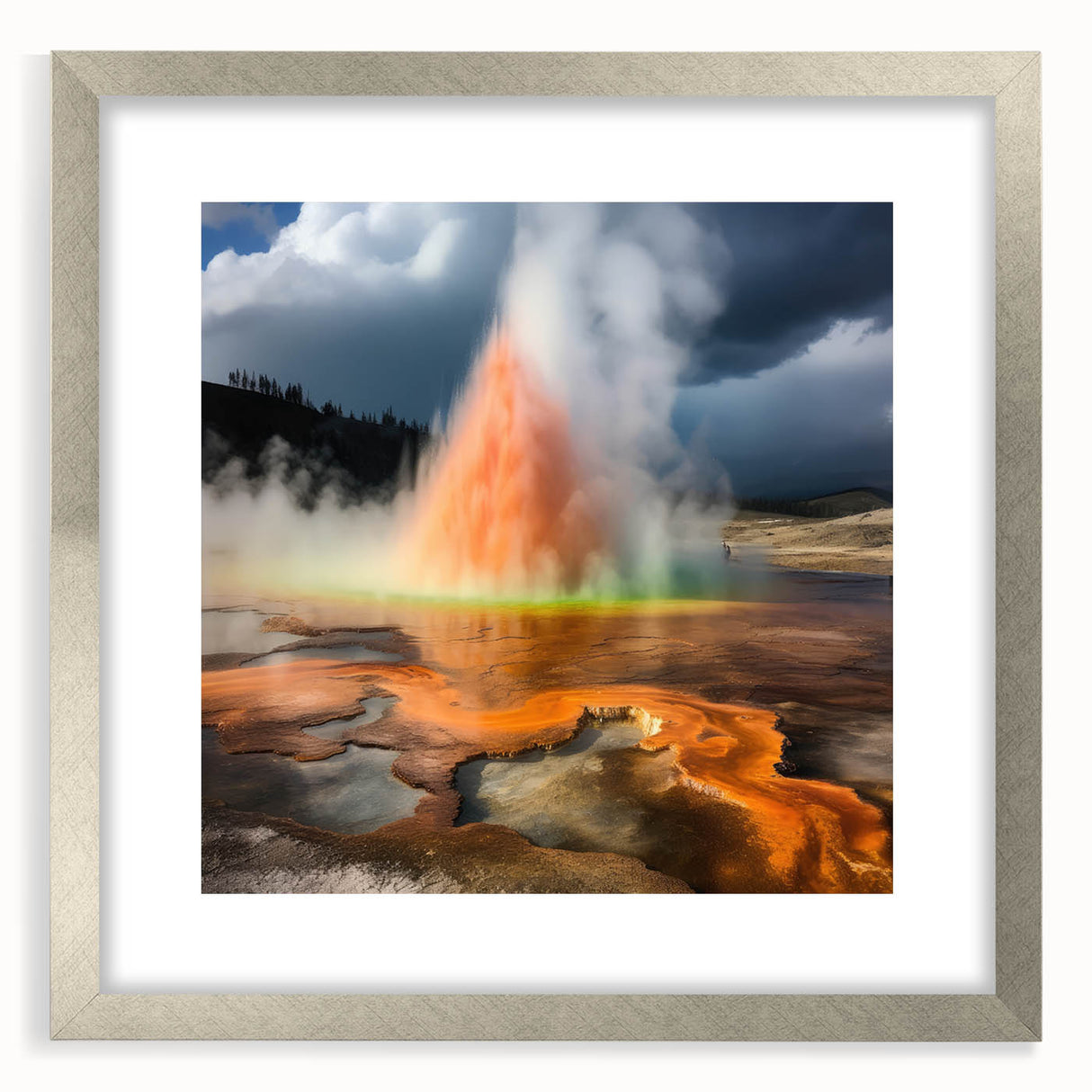 Framed wall art featuring a stunning geyser landscape design in vibrant colors, showcasing a silver mat and sleek frame, ideal for enhancing home décor.