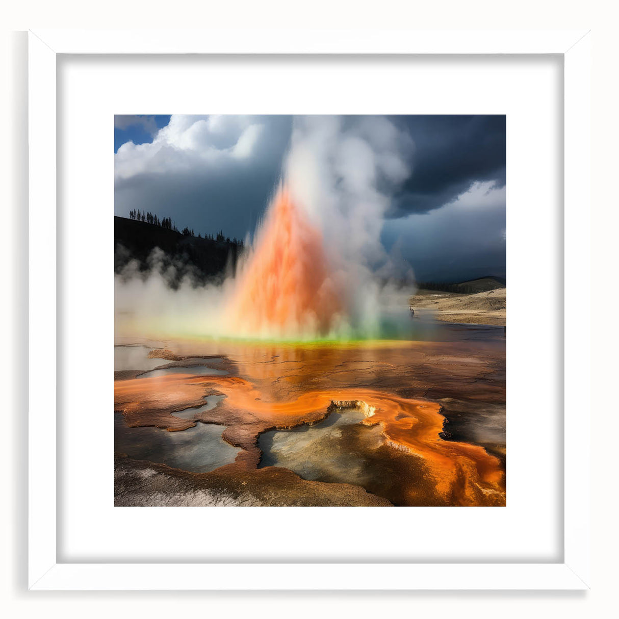 Framed wall art featuring a vibrant geyser landscape design with a white mat, perfect for modern home decor. Ideal for enhancing living spaces with nature-inspired aesthetics.