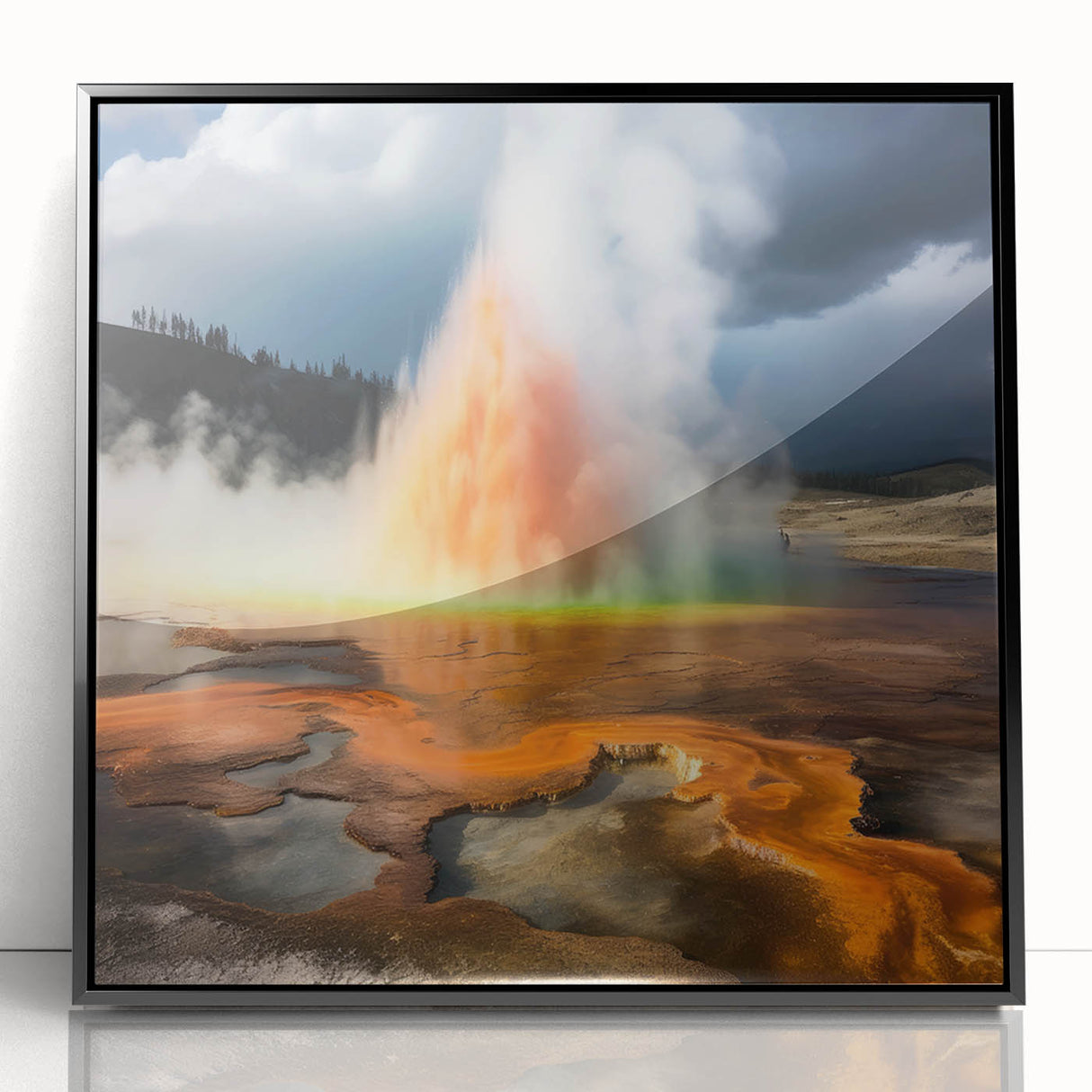 Framed acrylic artwork showcasing a vibrant geyser landscape design, featuring a black frame and modern aesthetic, perfect for enhancing contemporary home decor.