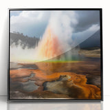 Framed acrylic artwork showcasing a vibrant geyser landscape design, featuring a black frame and modern aesthetic, perfect for enhancing contemporary home decor.