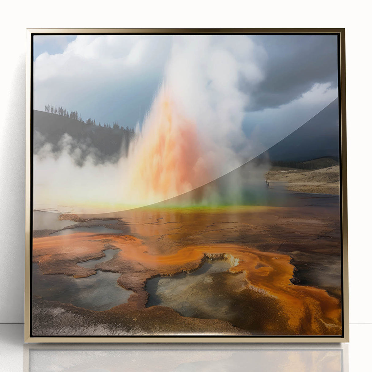 Framed acrylic wall art featuring a stunning geyser design with gold accents, displayed in an elegant setting, perfect for enhancing modern interior decor.