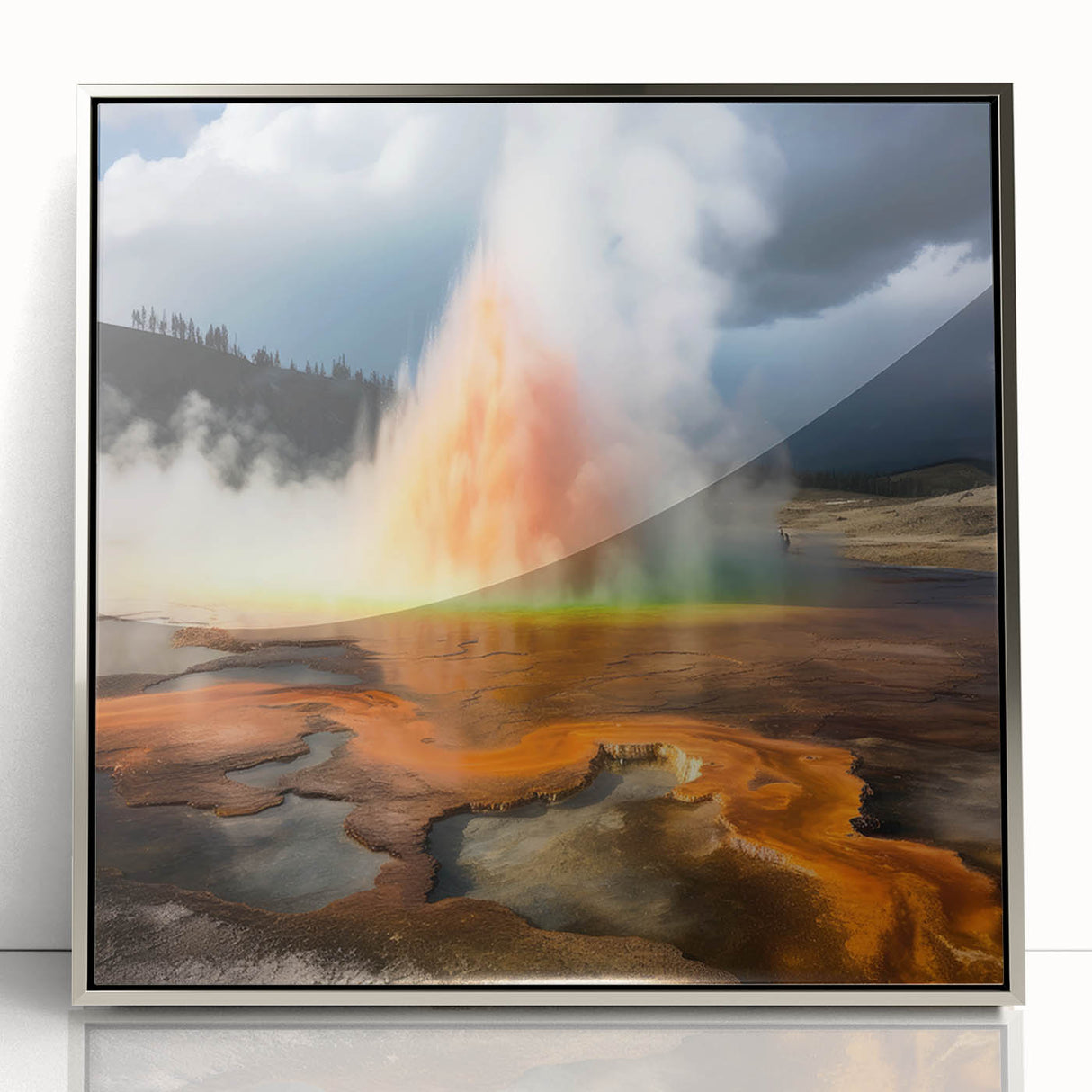 Framed acrylic wall art featuring a stunning geyser design in silver tones, showcasing vibrant colors and intricate details, perfect for enhancing modern decor.