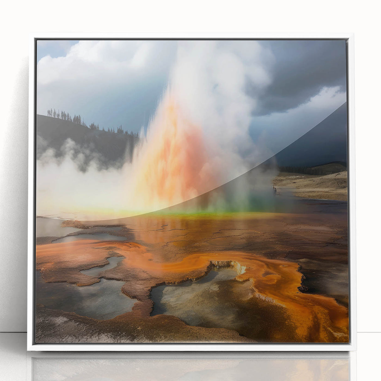 Framed acrylic wall art featuring a vibrant geyser design in a white frame, showcasing colorful landscapes, ideal for modern home décor and artistic enhancement.