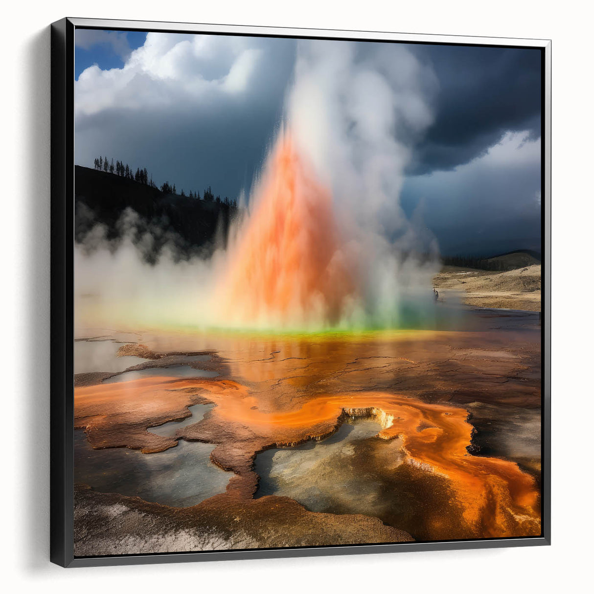 Framed canvas wall art featuring a serene landscape design of a geyser, showcasing vibrant colors and intricate details, perfect for home decor enhancement.