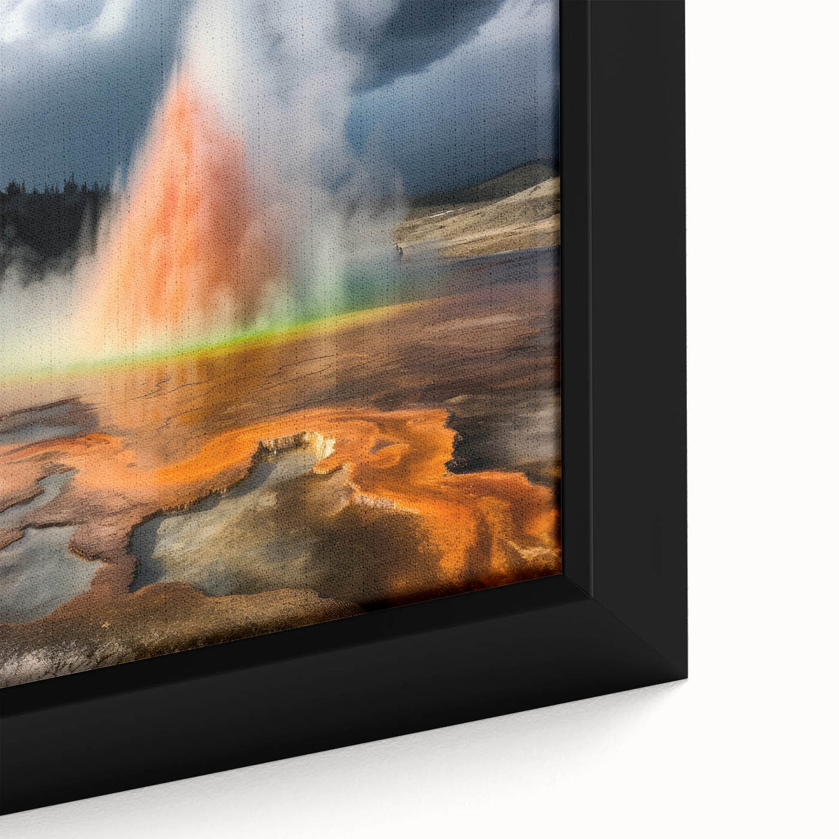 Framed canvas wall art depicting a vibrant geyser landscape design, showcasing rich colors and intricate details, perfect for enhancing home decor.