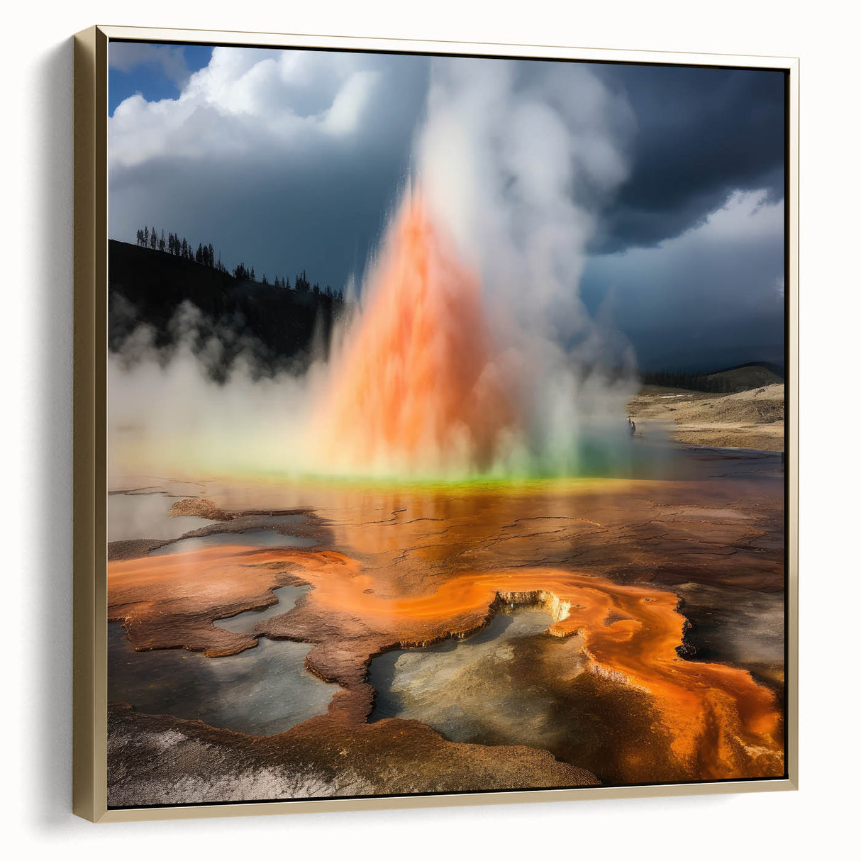 Framed wall art depicting a stunning landscape geyser design in silver and gold tones, showcasing vibrant colors and intricate details, perfect for modern home decor.