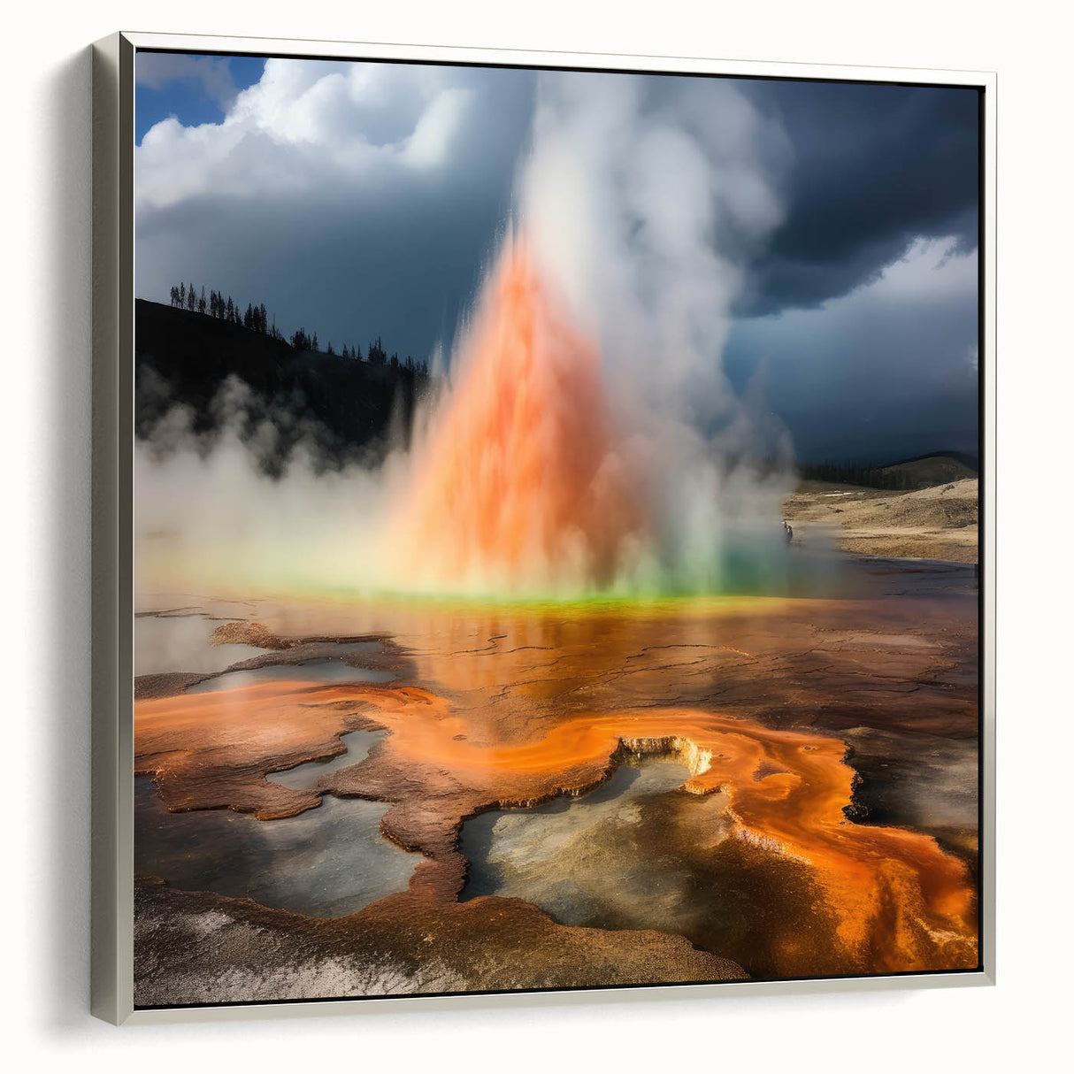Framed wall art featuring a striking geyser landscape design on canvas, with a sleek silver frame, ideal for enhancing modern home decor. The vibrant colors and intricate details create a captivating focal point for any room.
