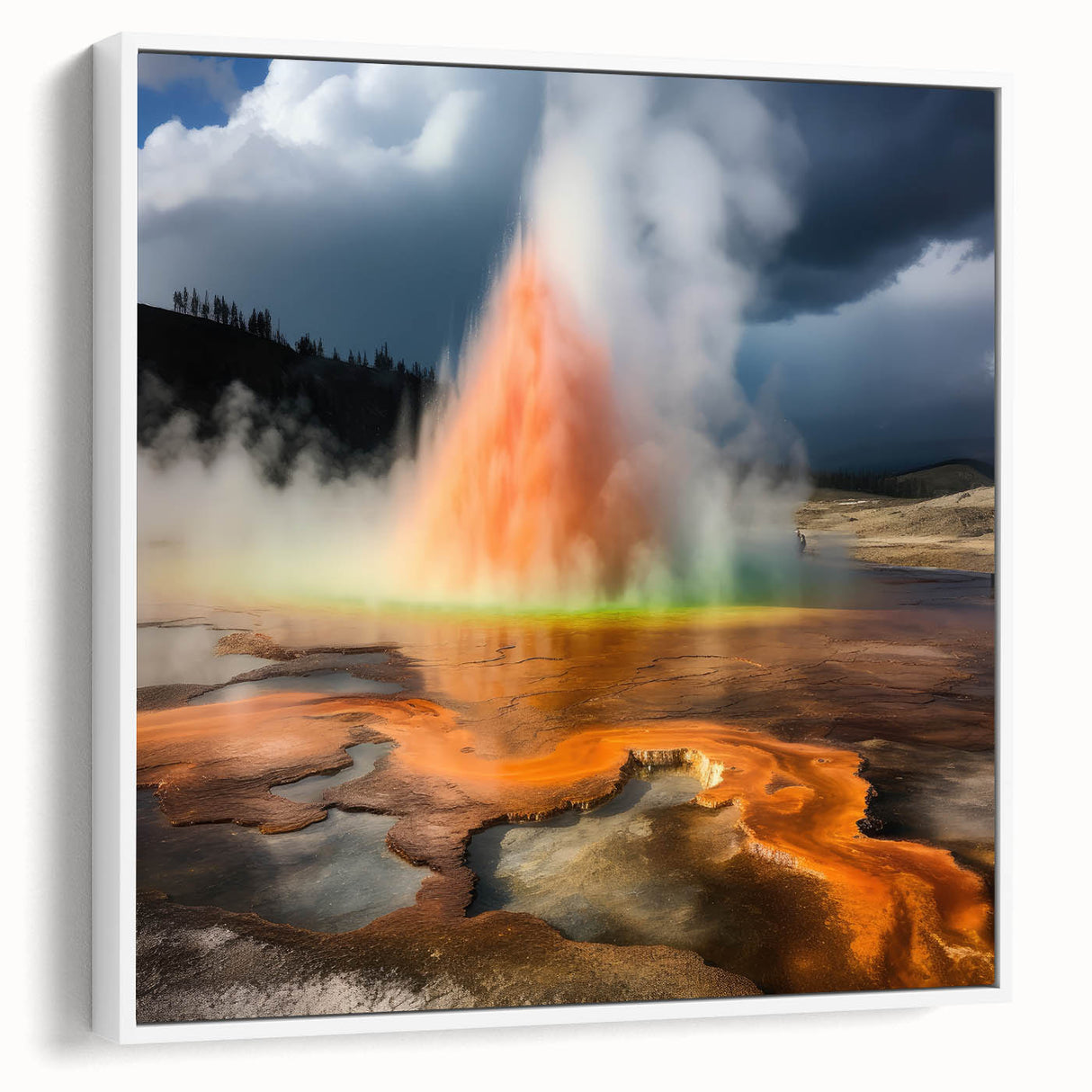 Framed wall art featuring a stunning landscape design of a geyser, showcasing vibrant colors and intricate details, displayed against a white background.